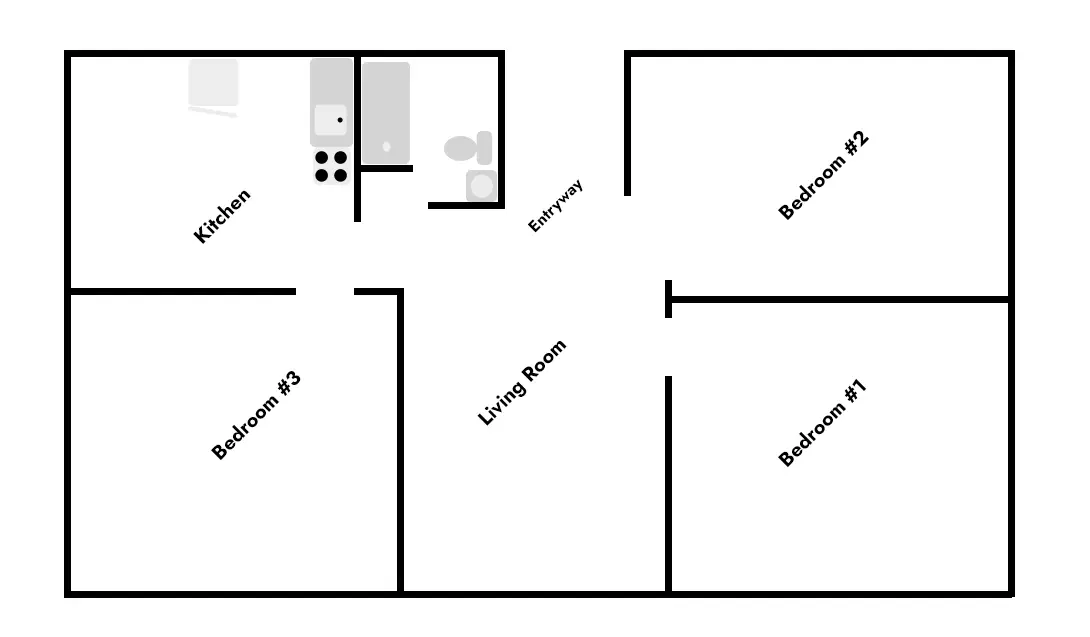 floor plan for 3 bedroom student housing at 338 N. Craig Street in Pittsburgh's Oakland neighborhood