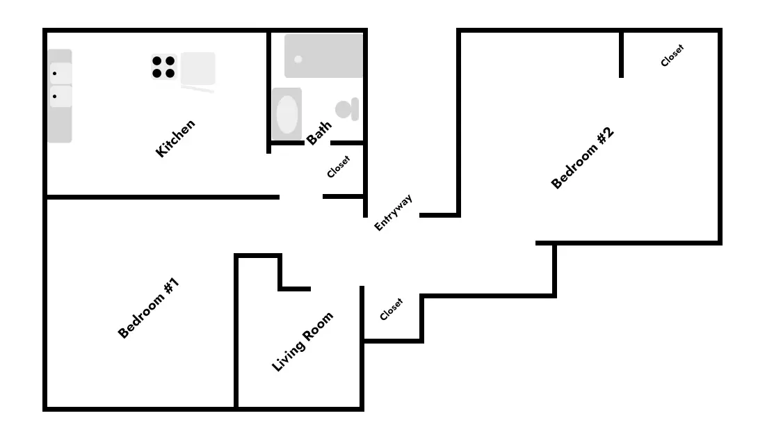 floor plan for 2 bedroom student housing at 338 N. Craig Street in Pittsburgh's Oakland neighborhood